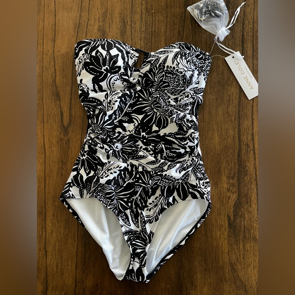 Anne Cole One Piece Swimsuit 6 Black White Strapless Ruched NWT